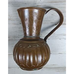 VTG (Possibly Antique) 6" Hand Hammered Copper Etched Pitcher w/Floral Repousse
